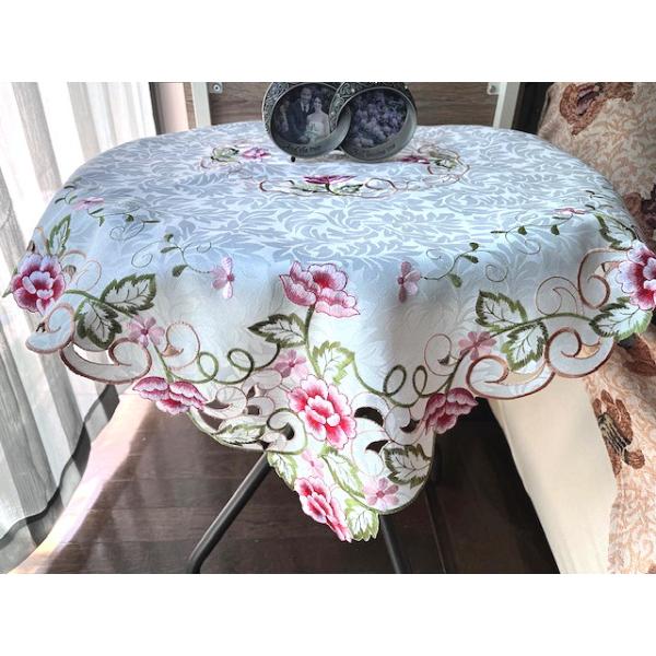 テーブルクロス 85X85cm 牡丹の花 刺繍系 お洒落 : Rose viva