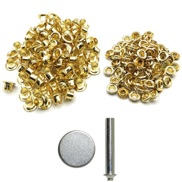 【商品概要】ハトメは鳩目やはとめと表記されることもある、穴の補強金具・留め金具として使います。こちらの商品は打ち具と両面ハトメ（100個入り×1袋）セットでの販売となります。サイズ 外径9.5mm 内径5.5mm 長さ（厚み）5.5mm※取...