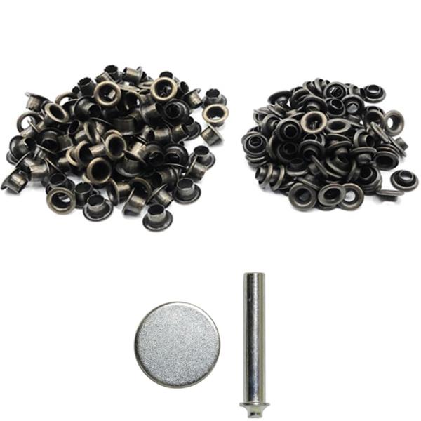 【商品概要】ハトメは鳩目やはとめと表記されることもある、穴の補強金具・留め金具として使います。こちらの商品は打ち具と両面ハトメ（100個入り×1袋）セットでの販売となります。サイズ 外径9.5mm 内径5.5mm 長さ（厚み）5.5mm※取...