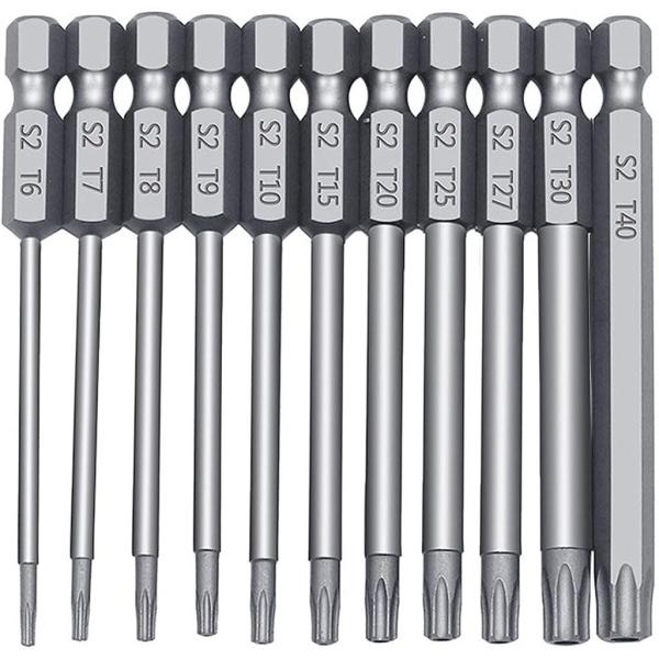 トルクスドライバー ビット 11本セット 中空トルクス頭 75ｍｍ 六角軸 6.35mm T6-T40 S2鋼ドライバービット 磁気 トルクス星ネジ用ビット工具