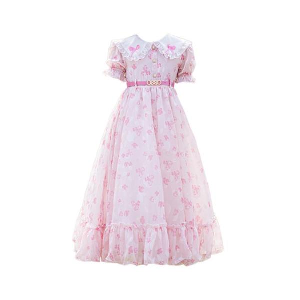子供服 シフォンワンピース 春夏着 小花柄 襟付き 半袖 お姫様 パーティードレス 薄い 広裾 普段着 ふわふわ 女の子 小学生 発表会