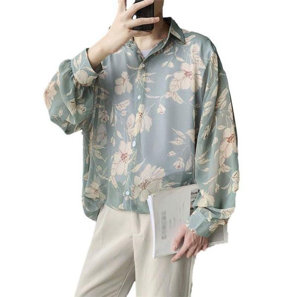 花柄シャツ メンズ 長袖 薄い 軽い カッコイイ 学院風 ファッション ルース ハンサム 春秋服 トップス カジュアル コーディネート