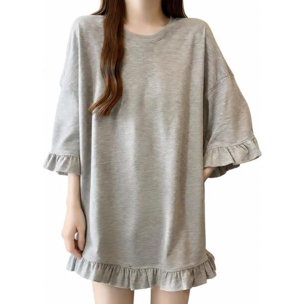 tシャツ レディース チュニック 半袖 裾フリル カットソー ゆったり 体型カバー クルーネック 丸首 トップス フリル袖 杢調 薄手