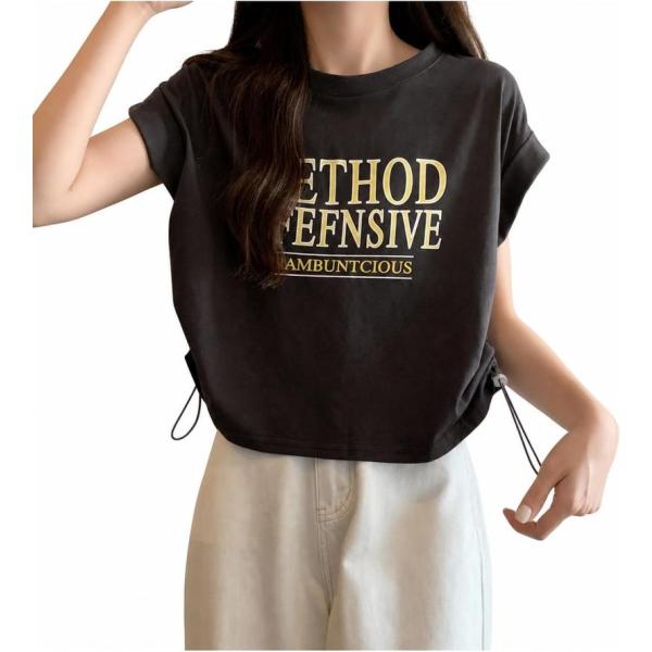 tシャツ レディース 半袖 カットソー フレンチスリーブ ロゴt クルーネック ドロスト ショート丈 クロップド アメリカンレトロ 夏
