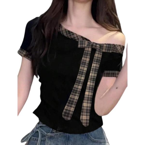 Tシャツ レディース 半袖 オフショルダー アシンメトリー チェック柄 リボン トップス 韓国 ストリート タイト ショート丈 へそ出し