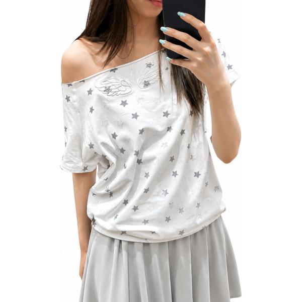 Tシャツ オフショルダー レディース 半袖 星柄 羽刺繍 ワンショルダー トップス 肩出し カットソー サブカル 地雷系 Y2K ゆったり