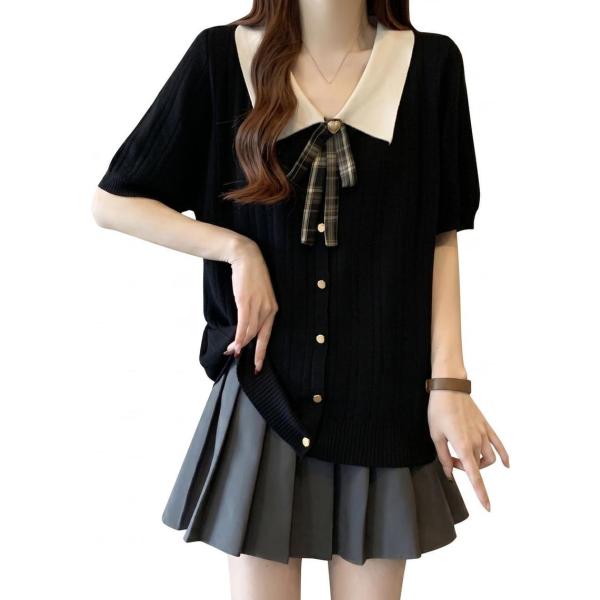 サマーニット レディース 半袖 襟付き リボン付き ブラウス 大人可愛い フェミニン トップス 夏服 きれいめ カジュアル オフィス 通勤