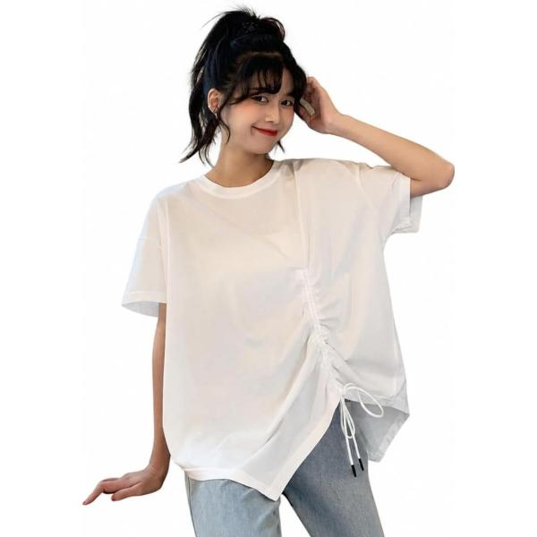 Tシャツ レディース 半袖 カットソー アシメ シャーリング ドロスト 変形裾 ゆったり オーバーサイズ 体型カバー デザイン トップス