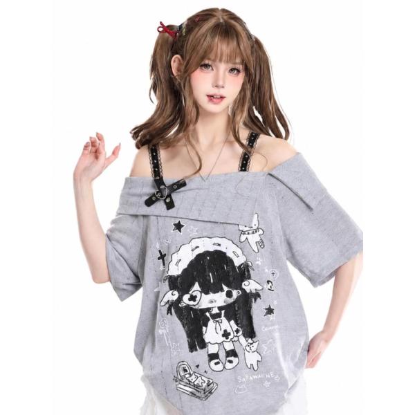 地雷系 Tシャツ レディース サブカル 肩出し オフショルダー 半袖 トップス オーバーサイズ アニメ プリント 病みかわいい ゆったり