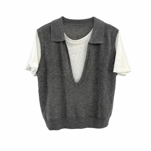 ポロシャツ レディース 重ね着風 サマーニット 半袖 レイヤード風 Tシャツ 襟付き きれいめ 体型カバー 薄手 涼しい 春夏 トップス
