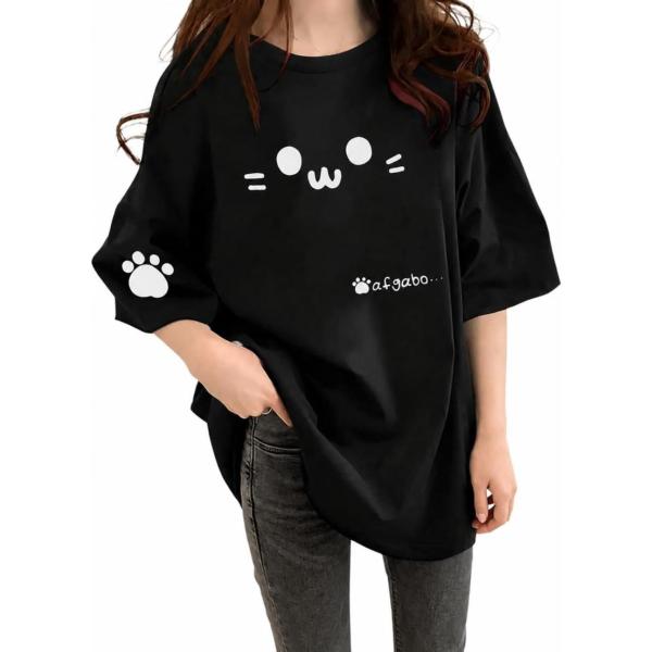 Tシャツ レディース 半袖 猫柄 ゆったり カットソー オーバーサイズ 韓国風 可愛い ビッグシルエット 丸首 トップス 綿 コットン 春