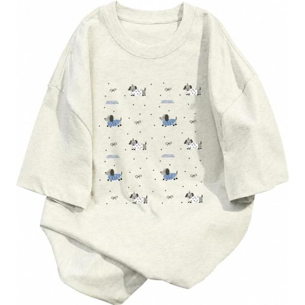 Tシャツ レディース 半袖 ゆったり オーバーサイズ クルーネック カットソー 犬柄 ドロップショルダー 体型カバー コットン混 さらさら