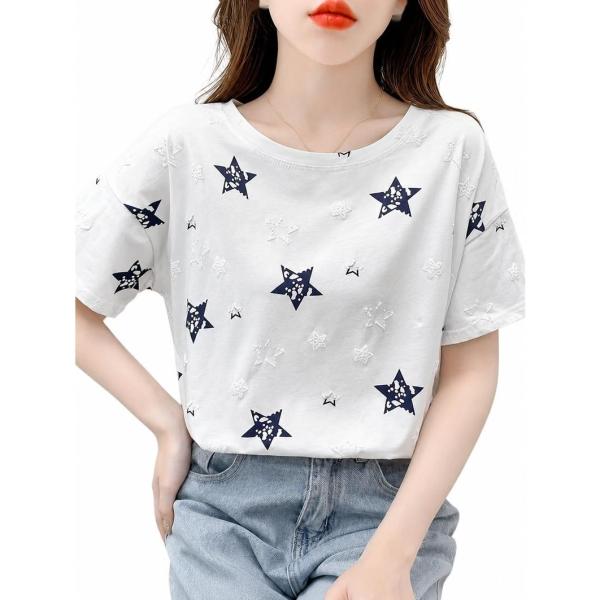 Tシャツ レディース 半袖 星柄 カットソー ゆったり 丸首 トップス カジュアル 夏服 クルーネック プルオーバー オーバーサイズ 刺繍