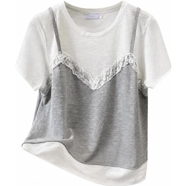 tシャツ レディース 半袖 レイヤード風 キャミソール 重ね着風 レース ドッキング カットソー トップス ゆったり 体型カバー きれいめ