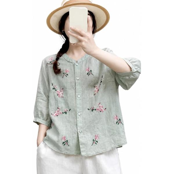 綿麻 刺繍 ブラウス レディース チャイナ風 シャツ 七分袖 立ち襟 バンドカラー ゆったり 体型カバー 花柄 アジアン エスニック 春夏