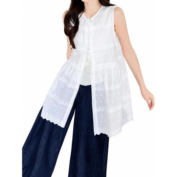 レースベスト シアー ジレ レディース 重ね着 ロング チュニック フロントリボン 透け感 体型カバー 大人可愛い カジュアル 刺繍 薄手