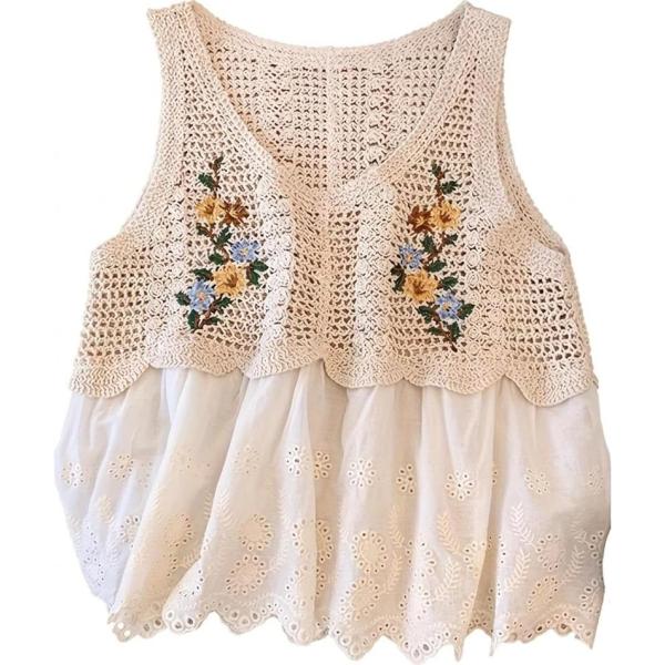 ニットベスト レディース かぎ針編み クロシェ ビスチェ 花柄 刺繍 透かし編み レース 切り替え トップス 大人可愛い ナチュラル