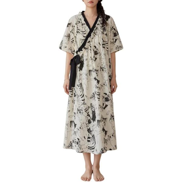 ネグリジェ レディース ルームウェア 猫柄 カシュクール 甚平風 パジャマ ワンピース ロング丈 夏用 涼しい 部屋着 ゆるふわ コットン
