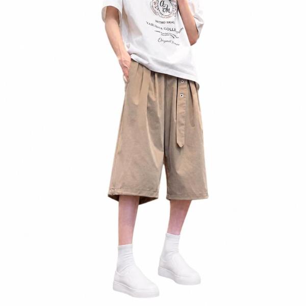 ハーフパンツ メンズ 七分丈 ワイドパンツ 裾ドローコード さらさら