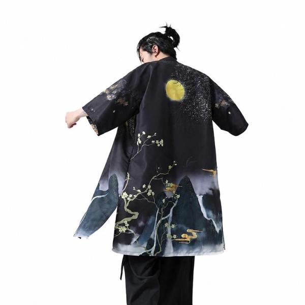 羽織 メンズ 着物カーディガン 和風 七分袖 和柄 水墨画風 ロング
