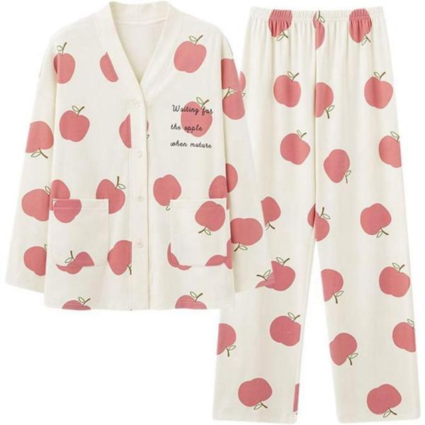 ルームウェアセット 春秋 りんご柄 パジャマ レディース 長袖 V