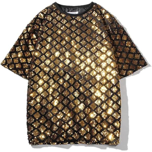 メンズ Tシャツ スパンコール 半袖トップス夏 無地 おしゃれ クルーネック カットソー キラキラ tシャツ カジュアル パンク ロック