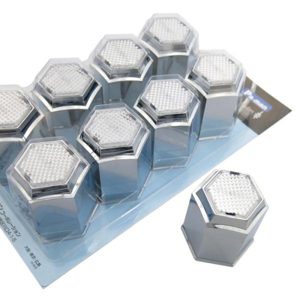 パーマンアロープラナットキャップ　クリア　41mm　8個入高さ56.3mmレフレクター付きのナットキャップです。ナットへの固定に、バネ式を採用。大型バス・トラックのホイルナットに被せるだけで、足回りをオシャレに演出。クロムメッキ仕上げ＆反射...