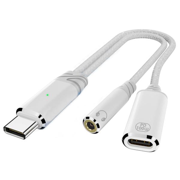 USB-C 2in1 イヤホン変換アダプタ 3.5mm ジャック PD 100W 急速充電対応 iPhone 15/16/17 iPad Android 高耐久ナイロン編み