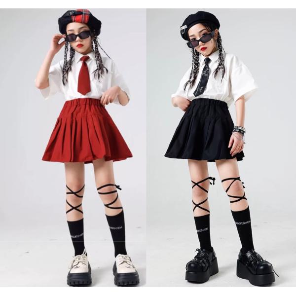 キッズダンス衣装 スカート セットアップ ブラック 半袖 ワイシャツ ネクタイ レッド ブラック kpop 韓国 キッズ ダンス衣装 女の子