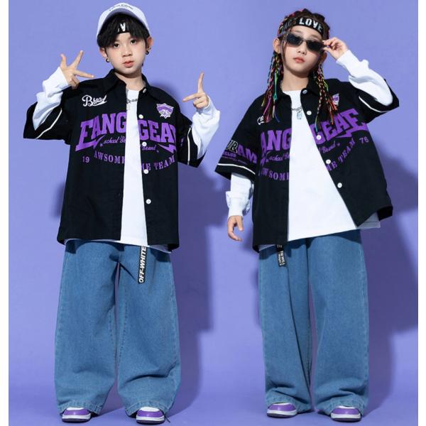 キッズダンス衣装 ベースボール 半袖 シャツ トップス ブラック パープル ヒップホップ ガールズ hiphop kpop 韓国