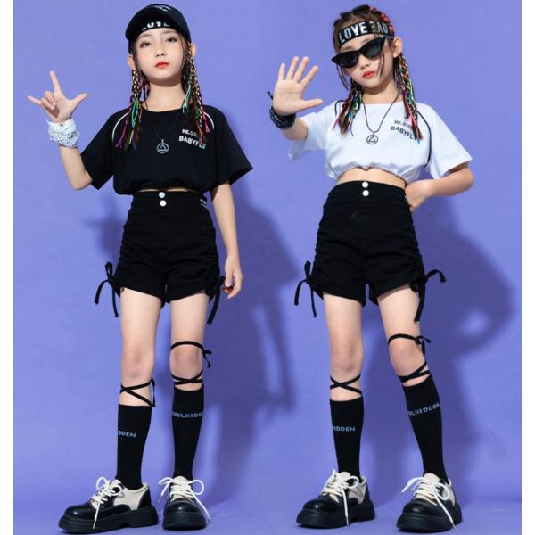 キッズダンス衣装 ショートパンツ 半袖 シャツ トップス ホワイト ブラック ショート丈 ヘソ出し パンツ