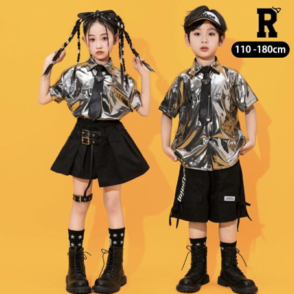 キッズダンス衣装 シルバー ネクタイ ガールズ スカート セットアップ 半袖 ブラック ハーフパンツ 制服