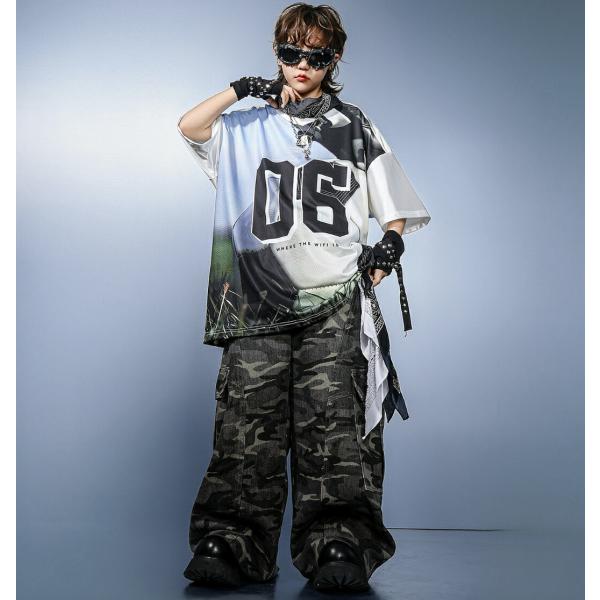 キッズダンス衣装 半袖 tシャツ トップス 迷彩 カーゴパンツ ヒップホップ ステージ衣装 hiphop kpop 韓国 子供