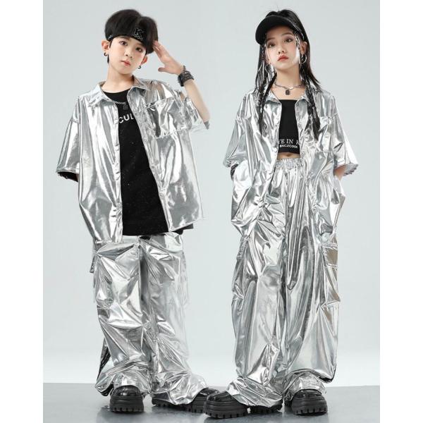 キッズダンス衣装 シルバー 半袖 トップス カーゴパンツ ヒップホップ ステージ衣装 hiphop kpop 韓国 子供 キッズ