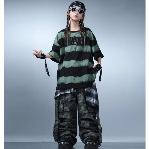 ダンス衣装 キッズ ボーダー 半袖 tシャツ トップス 迷彩 カーゴパンツ ヒップホップ ステージ衣装 hiphop kpop