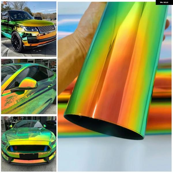 並行輸入品 PETカービニールラップフィルムグリーンゴールドレインボーホロクロームカラフル粘着 デカール 車体フィルム