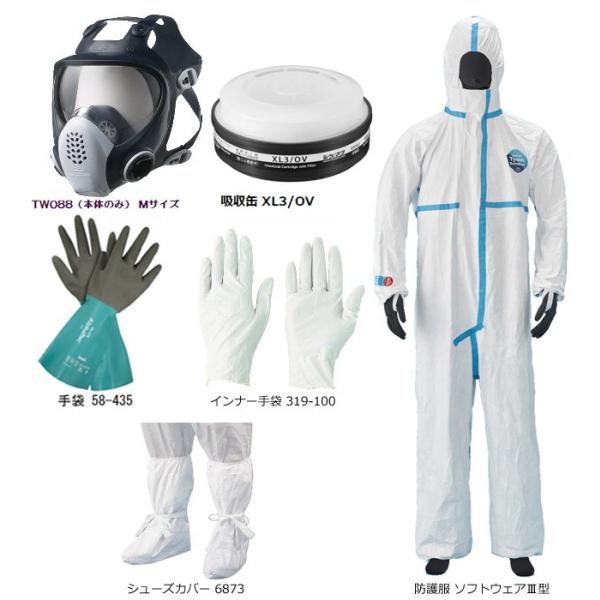 ダイオキシン類対策 レベル２ 対応 防じん（防塵）防毒兼用マスク面体・吸収缶、ゴーグル、防護服 セット sts-dxn2-2-2s