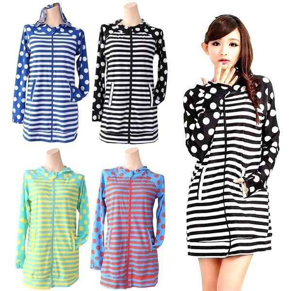 ロング丈 ドット＆ボーダー パーカー ラッシュガード 4色/M/L