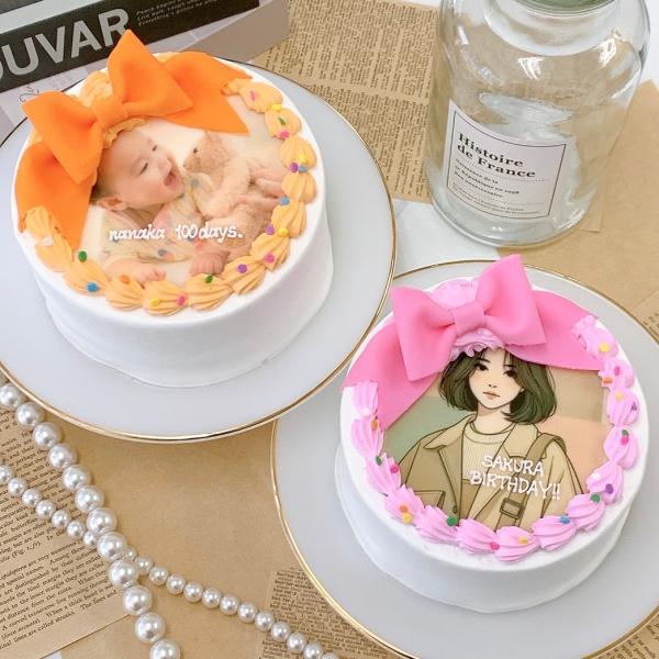 ■リボン付き写真ケーキ  4号  12cmお好きな写真とメッセージでお作りします♪メッセージは20文字以内（漢字不可）でお入れいたします♪ケーキには、甘酸っぱいいちごジャムがサンドされています。※丸型に切り取りにくいお写真は、そのままの大き...