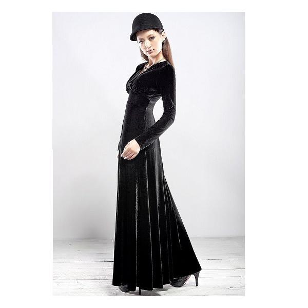 Vネック ベロア ハイウエスト ロング ドレス （黒）マキシ丈