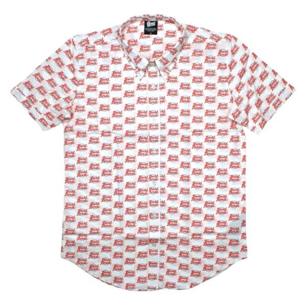 David Bowie / World Tour Logo Pattern Button Down Short Sleeve Shirt (White) - デヴィッド・ボウイ / ボタンダウン シャツ