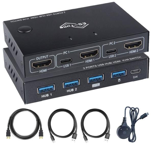 ES-Tune KVM切替器 2入力1出力 HDMIモニター USB切替器 2入力4出力 USBハブ 手動式 電源不要 タイプC端子採用 USB2.0