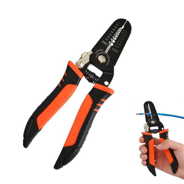 ワイヤーストリッパー 多機能電工ペンチ 0.6-2.6mm (22-10 AWG) マンガン鋼製 省力バネ付き滑り止めハンドル 剥線 圧着 切断対応