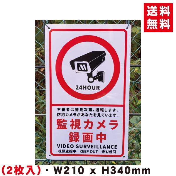 2枚入-送料無料 激安看板 『監視カメラ録画中』標識 約W210×H340ミリ 警告 禁止 安全標識 注意喚起 耐水 屋外対応 プレート看板