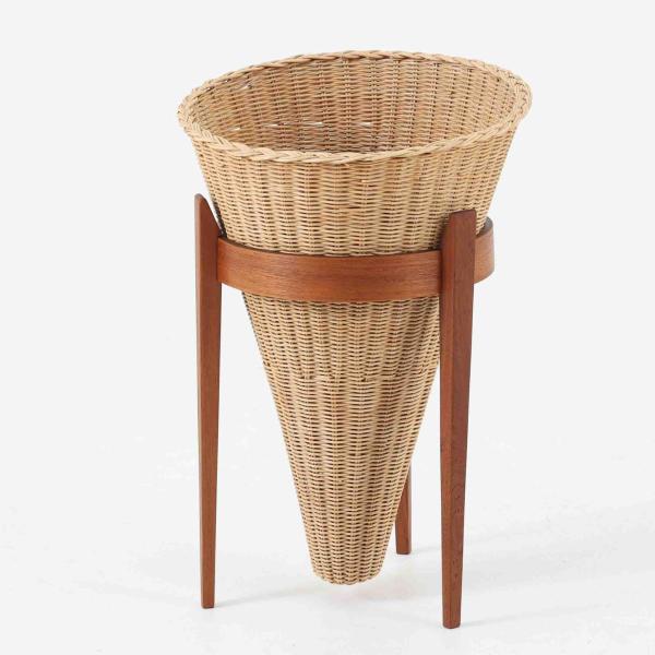 J.Kjaesulf プランター チーク材 幅35cm デンマーク製 北欧ビンテージ家具 鉢カバー 花台 籐編み
