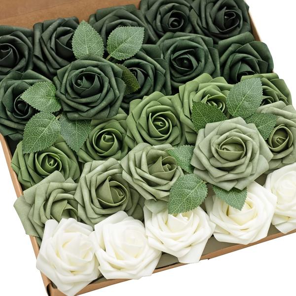 造花 薔薇 バラ 白 ホワイト グリーン 緑 グラデーション 25本セット おしゃれ かわいい 花束 インテリア フェイク フラワー 花 ローズ ドライフラワー風