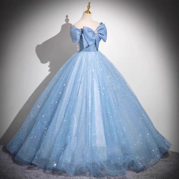 オフショルダー ナイトドレス Sサイズ ナイトドレス パーティー ドレス オフショルダー ブルー 水色 リボン