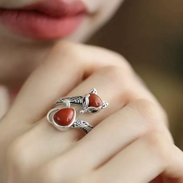 Indian Jewelry カラーストーンシルバーリング 赤 レッド リング 指輪 シルバー 銀 キツネ 狐 アニマル レッド 天然石風