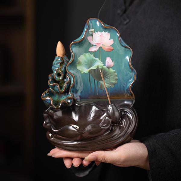 お香 線香 逆流香炉 香炉 蓮の花 蓮 蓮の葉 ブルー 青 風水グッズ 縁起物 贈り物 プレゼント インテリア 玄関 オフィス 高級感 運 開運 商売繁盛 黄金