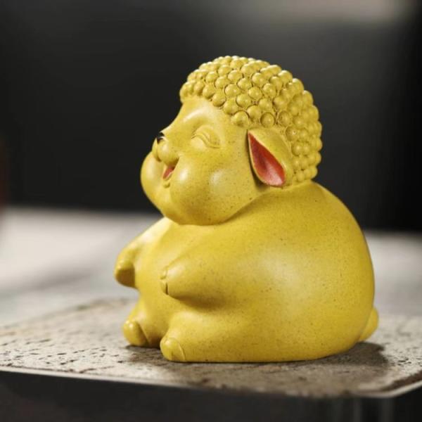 騎竜黄財神仏像 現代工芸品 美術品 置物 仏像 仏 仏様 羊 ひつじ 紫砂 イエロー 神 神様 置物 オブジェ 運気